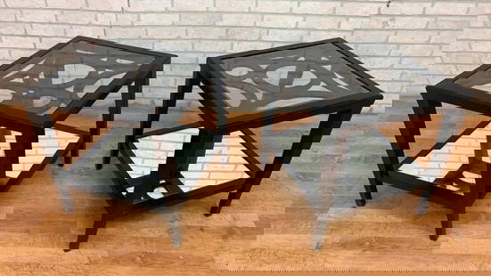 Mid Century Modern Black Lacquer Geometric Glass Top Side Tables with Mirror Shelf- Pair: Vintage from the 1970s Materials: Glass, Lacquer, Mirror, Wood Width: 20 inches Height: 22 inches Depth: 20 inches Mid Century Modern Black Lacquer Geometric Glass Top Side Tables with Mirror Shelf- P