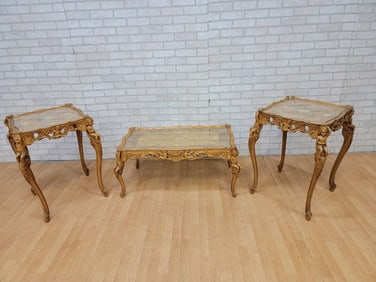 Antique Italian Rococo Carved Marquetry Figural Cherub Side Tables and Coffee Table - 3 Piece Set