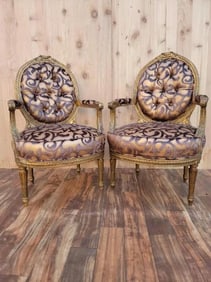 Antique French Louis XV Style Ornate Carved Giltwood Fauteuil Armchairs Newly Upholstered - Pair
