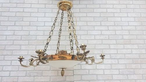 Antique French Empire Ornate Brass 4 Light Electrified Etched Glass Bowl Candelabra Chandelier