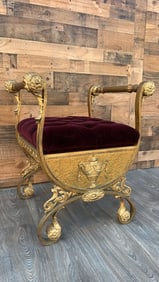 Antique Italian Renaissance Ornate Gild Scrolled Iron Vanity Tufted Bench Newly Upholstered in