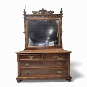 Antique Neoclassical Carved Northwind Face Topped Barley-Twist Beveled Mirror Topped Dresser