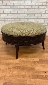 Sam Moore Round Cocktail Ottoman With Carved Frame and Cheetah Fabric
