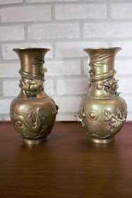 Antique Chinese Bronze 5 Claws Royal Dragons Sculpted Vase - Pair