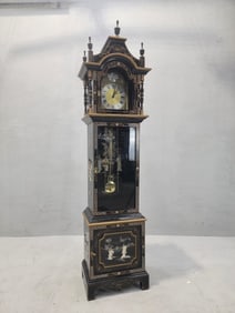 Vintage Wai Hing Clocks Co. Chinossorie Black Lacquer Hand-Painted Mother of Pearl inlaid German