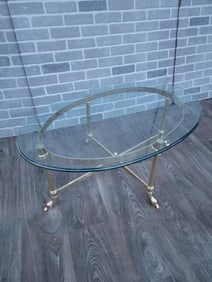 Mid Century Modern Oval Beveled Glass Top Coffee Table on a Brass Base with Hoof Feet