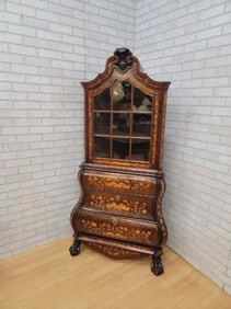 Antique Dutch Walnut Inlaid Marquetry Corner Display Cabinet