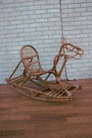 Mid Century Modern Italian Bamboo and Rattan Rocking Horse Attributed to Albini