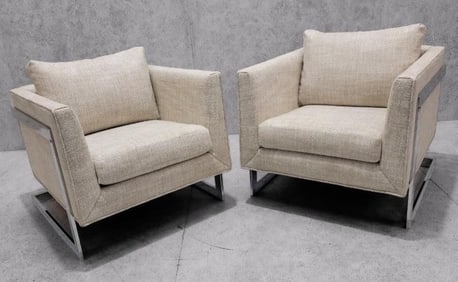 Mid Century Modern Newly Upholstered Milo Baughman Chrome Flat Bar Cantilever Club Chairs in Natural