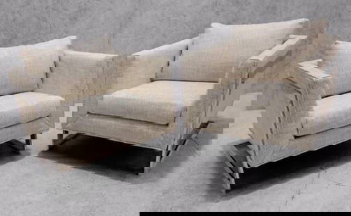 Mid Century Modern Newly Upholstered Milo Baughman Chrome Flat Bar Cantilever Club Chairs in Natural: Vintage from before 2000 Mid Century Modern Milo Baughman Chrome Flat Bar Cantilever Club Chairs Newly Upholstered in Natural Linen Boucle - Pair Classic & iconic pair of mid century modern Milo B