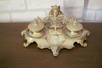 Antique French Louis XV Style Figural Double Inkwell Inkstand