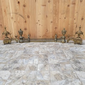 Antique French Louis XVI Style Bronze Cast Urn Festoon Andirons Fireplace Front Fender, Set