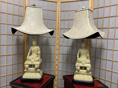 Vintage Quan Yin Table Lamp with Pattern Shade - Pair