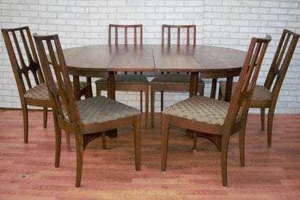 Broyhill Brasilia Brutalist Dining Table with 2 Leaves and 6 Dining Chairs - 9 Piece Set