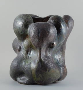 Christina Muff, Danish contemporary ceramicist (b. 1971). Monumental work in stoneware clay, covered: Christina Muff, Danish contemporary ceramicist (b. 1971). Monumental work in stoneware clay, covered in blackish green glaze with the occasional specks of blue on a semi-rough surface. Measuring: W 34