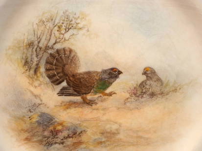 Royal Worcester SIGNED Dinner Plate Handpainted Game Birds Capercailzie Maybury: This is an exceptional vintage plate made by Royal Worcester in famous Game Birds pattern. The plate is hand painted by Leighton Maybury and signed by the artist. There is a beautiful CAPERCILZIE bird