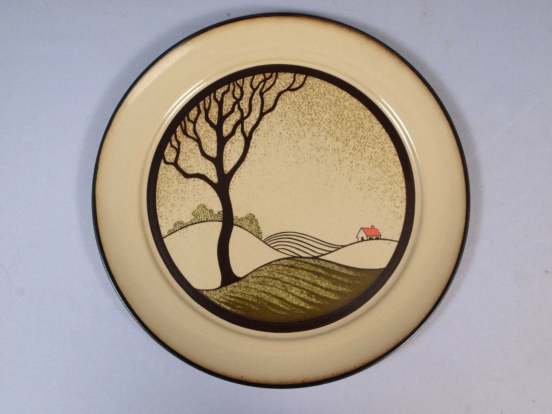 Vintage Denby Savoy CHOP CAKE Plate England Stoneware Oven Safe England 12 3/4": This is exceptional stoneware Chop/Cake Plate, made by Denby, England in Savoy pattern. The pattern has a tree, house and some hills on brown background. The pattern has been produced between 1983 - 1