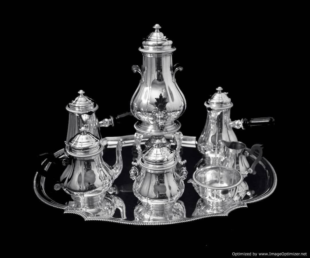 BOIN-TABURET, FABERGE - 8pc. FRENCH ANTIQUE 950 STERLING SILVER TEA SET + 6 FABERGE ESPRESSO CUPS !: Title: BOIN-TABURET, FABERGE - 8pc. FRENCH ANTIQUE 950 STERLING SILVER TEA SET + 6 FABERGE ESPRESSO CUPS ! Description:Direct from Paris, A Magnificent 8pc. Antique French 950 Sterling Silver Tea Set