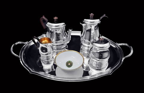 PUIFORCAT (HERMES) CHRISTOFLE - 5pc. 950 STERLING SILVER TEA SET + 4 FABERGE IMPERIAL EGG EXPRESSO: Title: PUIFORCAT (HERMES) CHRISTOFLE - 5pc. 950 STERLING SILVER TEA SET + 4 FABERGE IMPERIAL EGG EXPRESSO CUPS & SAUCERS ! Description:Direct from Paris, a Stunning 5pc. Antique French 950 Sterling Si