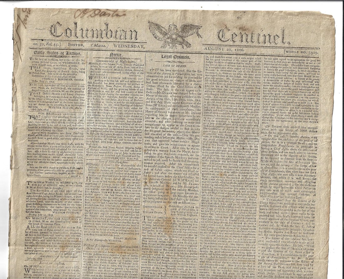 1806 Newspaper Freedom of Press Slave Trade: The Columbian Centinel for August 20, 1806, four pages complete printed at Boston by Benjamin Russell. Front page regarding the libel jailing of the editor of The Aurora against the Governor of Pennsy