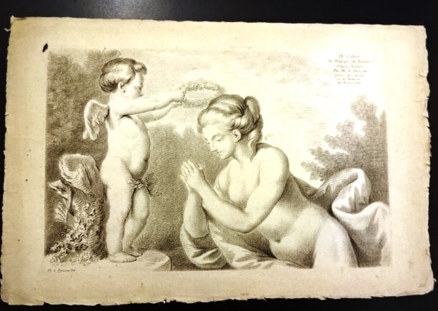 1780 Fine Etching Parizeau Venus and Cupid: Fine etching of Venice and Cupid by Philippe-Louis Parizeau (1740-1801) printed at Paris circa 1780 by Roubillac (A.P.D.R). On laid paper, Very Good condition, mild wear and small hole upper left marg