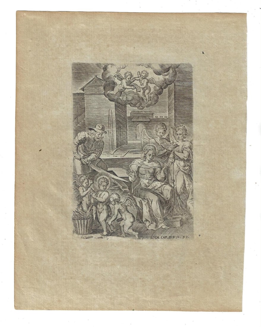 1660 Engraving of the Holy Family Luke: A fine engraving of the holy family, from Luke. Attributed to Johannes Wierix and Abraham De Bruyn, circa 1660 on laid paper.Fine condition, measures 4.5 x 6.5" and 8.5 x 11" overall. Reserve: $30.00