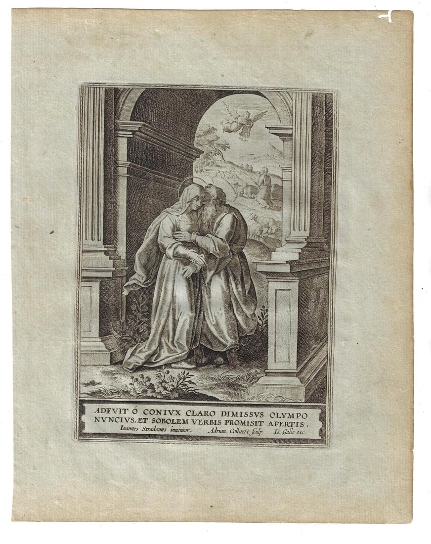 1650 Engraving Virgin Mary and Joseph: A fine engraving of the Virgin Mary and Joseph with inscription underneath after Joannes Stradanus and engraved by Adrian Collaert and printed here by Joannes Galle circa 1650. Fine condition, measure