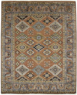 Rust Tribal Geometric 8X10 Indo-Karajeh Oriental Rug: Title: Rust Tribal Geometric 8X10 Indo-Karajeh Oriental RugDescription:Hand Knotted 8X10 rust oriental rug made with vegetable dyes (fine wool pile and cotton foundation), superior knot count, and