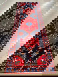 Stunning Persian Runner 3.3x9.9: Title:Stunning Persian Runner 3.3x9.9Description:3'.3"x9'.9" Unique Authentic Persian Hamedan Runner, in Red, Navy blue and multi Vegge Dye colors , Hand Knotted in Iran 100% Natural wool pile 