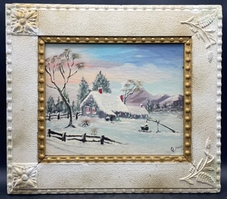 Original Signed G. Davis Folk Art Painting Winter Landscape