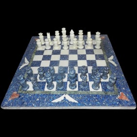 Vintage Hand Carved Stone Chess Set with Inlaid Stone Chess Board