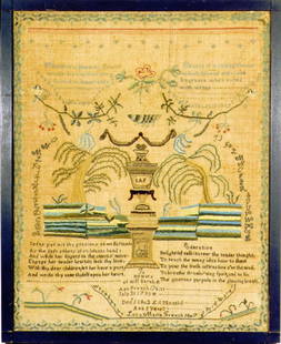 Portsmouth, NH Needlework Sampler - Miss Ward’s School, by Lucy French -1807: Lucy stitched this unusual, stylized sampler while attending Miss Ward’s school in Portsmouth, NH. She included a large urn in the center memorializing Miss Sarah and Ann French. 