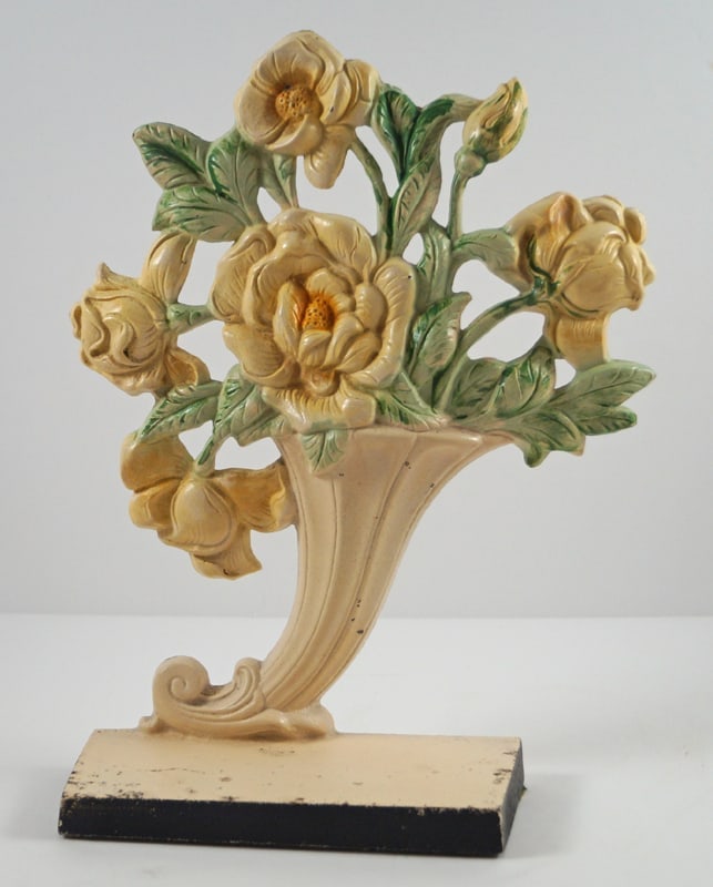 Yellow Roses Flower Cast Iron Hubley Doorstop: Title: Yellow Roses Flower Cast Iron Hubley Doorstop Dimension: 10” tall x 8” wide. Date: Ca. 1930’s. Additional Information: Beautiful sculpture form of Roses in Slant Vase Cast Iro