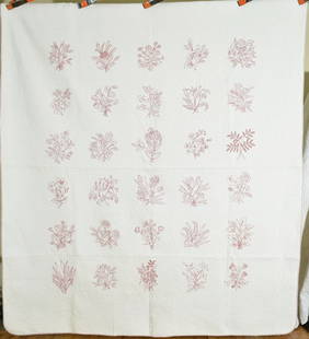 Well Quilted 1890's Redwork Quilt: Title: Well Quilted 1890's Redwork Quilt Date: 1890's Origin: Ohio Material: Cotton Dimension [INCHES]: 72" X 82" Provenance: Cotton 1890's redwork quilt, all hand embroidered and hand quilted, with a
