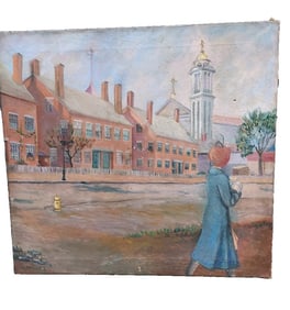 oil painting 19th Century Student Walking Across Campus R. Mentzer