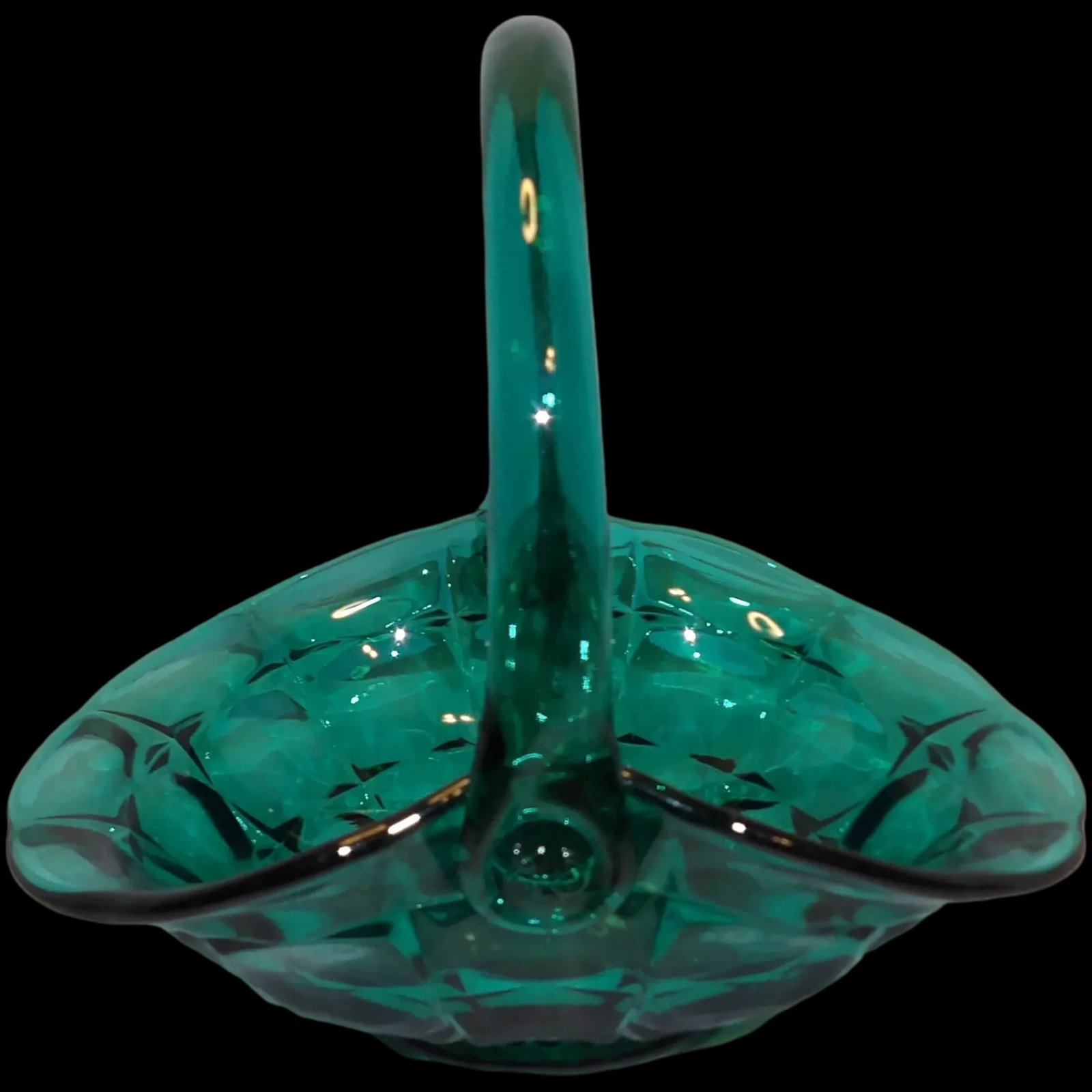 Indiana Glass Tiara Teal Glass Basket: This Indiana Glass Tiara Teal Glass Basket is one of the most beautiful baskets I have sold. Striking color and design. It resembles Constellation pattern. It measures 8” x 8 ½” x 6 &