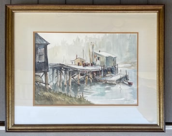 Fishing Pier Watercolor Painting Signed Grosse