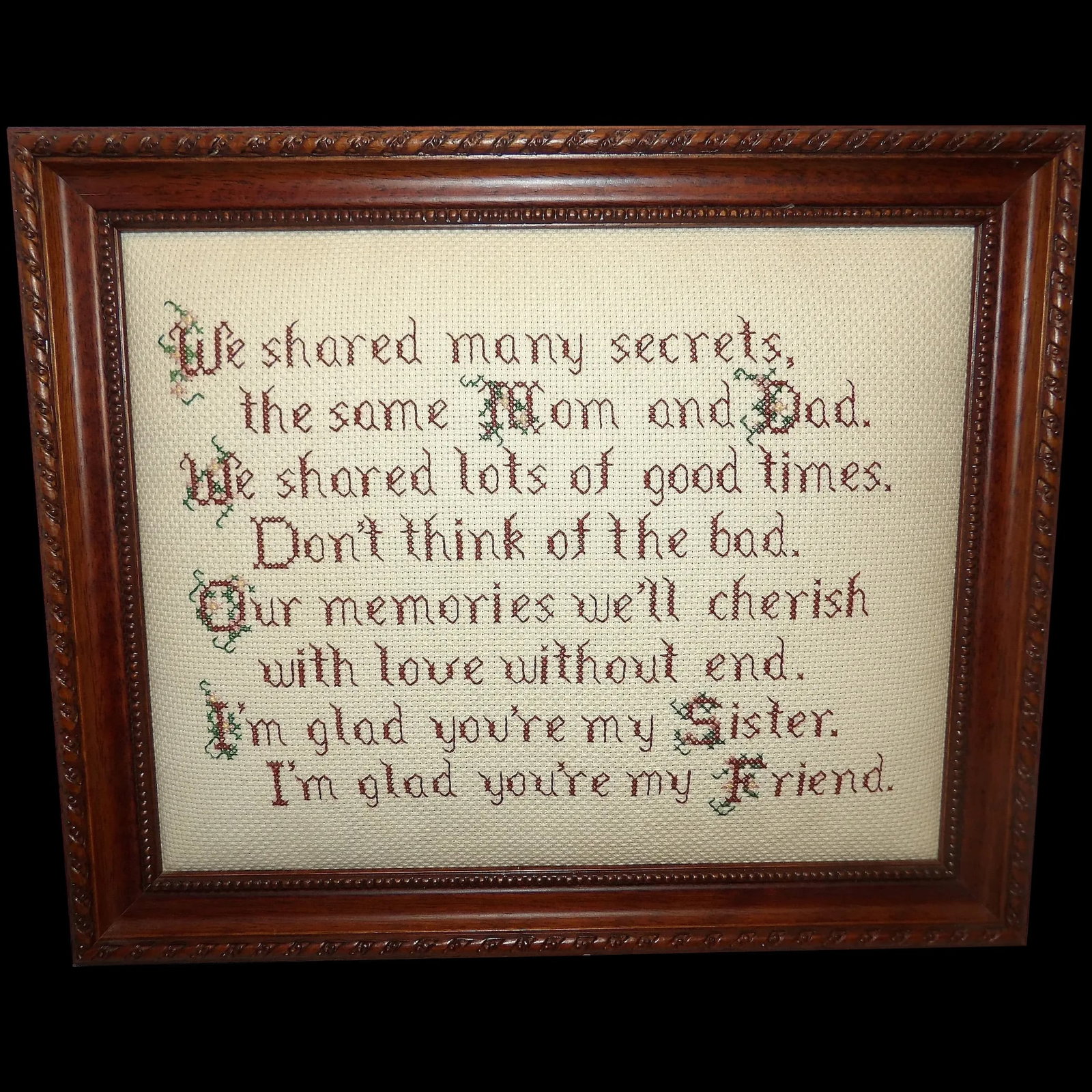 Vintage Completed Cross Stitch- Love of Sister: This Vintage Completed Cross Stitch- Love of Sister sentimental statement is perfect for that special sister. It measures 12” x 10” and is padded. A striking piece that will be treasured f
