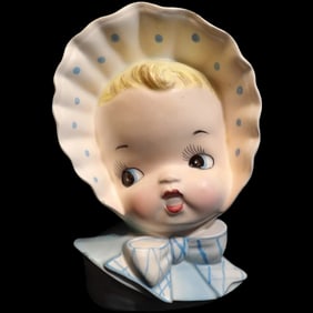Ucagco Baby Head Vase with Bonnet and Blue Striped Bow