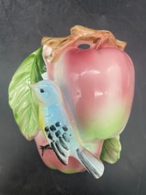 Vtg Bluebird Apple Mid-century Wall Pocket Vase Bird Fruit Leaves Japan