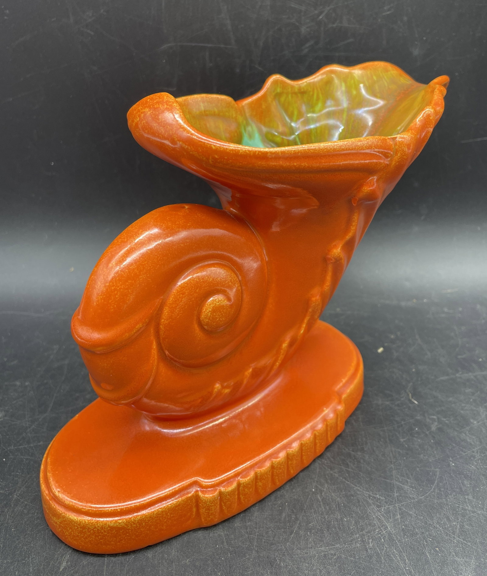 STANGL SCROLL HORN VASE INNER GREEN GLAZE: Title: STANGL SCROLL HORN VASE INNER GREEN GLAZE Date/Period: 1936-40 Dimension: APPROX 6 X 8 X 4 Material: pottery Additional Information: 1936-40 STANGL POTTERY TANGERINE ORANGE SCROLL HORN 6" VASE 
