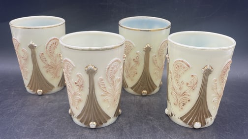 ANTIQUE NORTHWOOD 'INVERTED FAN & FEATHER' CUSTARD GLASS WATER TUMBLERS Uranium Glow!