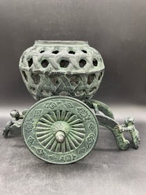 Vtg Heavy Japanese Cast Iron Carriage Usubata Ikebana Flower Vase Lantern Insence