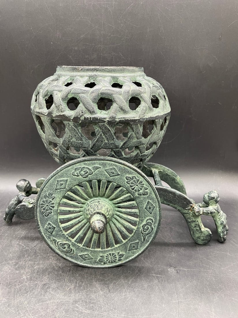 Vtg Heavy Japanese Cast Iron Carriage Usubata Ikebana Flower Vase Lantern Insence (1 of 8)