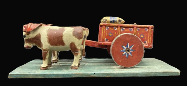 Primitive Folk Art Double Oxen Cart Wagon Handmade
