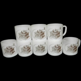 Vintage Federal Milk Glass 1885 MoorMan's Feed Coffee Grinder Coffee Mug Set