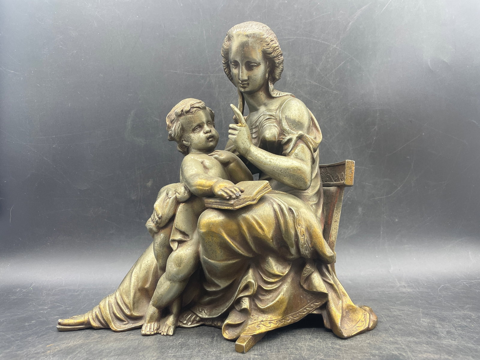Antique CLOCK TOPPER Greek LADY/MOTHER Reading BOOK to CHILD Gilded Metal STATUE (1 of 7)