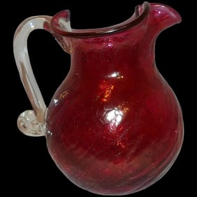 Cranberry Flashed Crackle Glass Pitcher