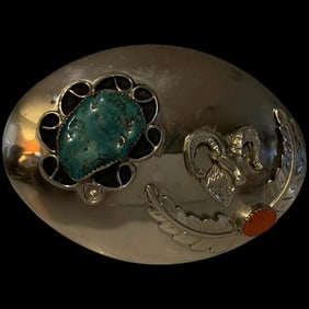 Vintage Southwest Indian coral & Turquoise Belt Buckle Signed CB