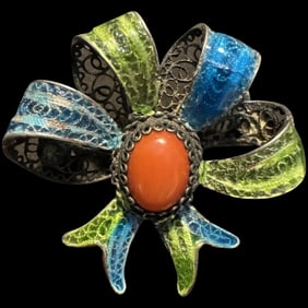 Vintage Filigree 800 Silver Red Coral Fine Mediterranean Chinese export enamel Bow Brooch